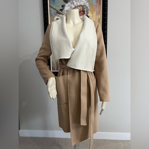 NWT BCBGMAXAZRIA Heather Camel & Cream Chanel-Belted Wrap Coat - Picture 2 of 8